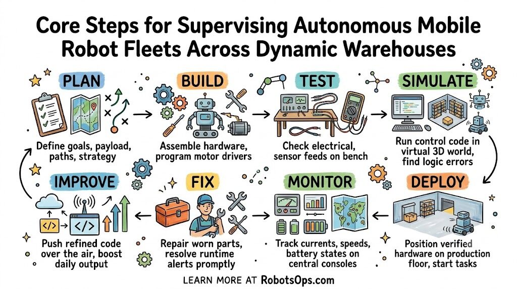 Core Steps for Supervising Autonomous Mobile Robot Fleets Across Dynamic Warehouses